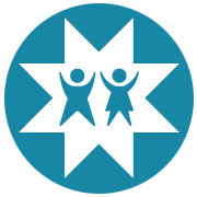 Two human figures inside a white star on teal background