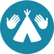 Teepee icon with open hands on teal circle