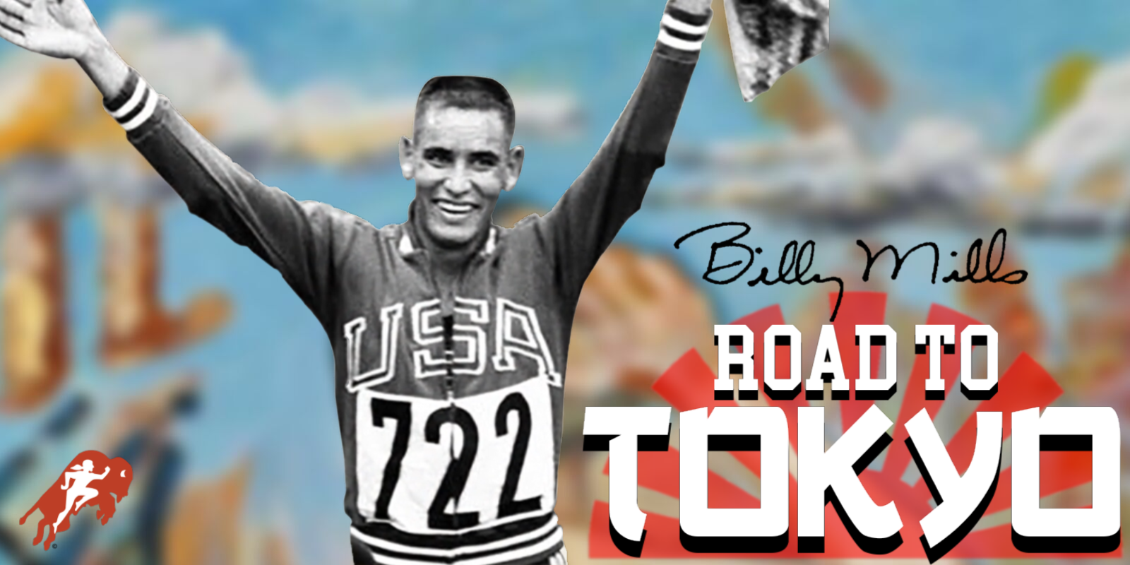 Olympic runner Billy Mills in USA jersey with arms raised