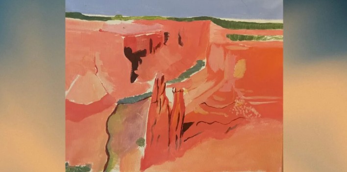 Contemporary Native American painting depicting a vivid red canyon landscape